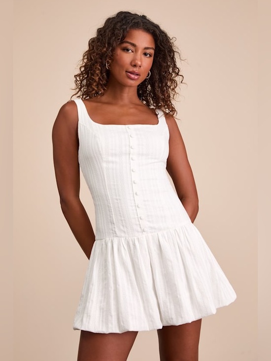 Lulus Dresses & Skirts - NWT Lulus Khamari White Textured Drop Waist Bubble-hem Mini Dress - M